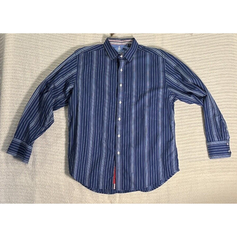 Robert Graham, long sleeve striped blue white silk cotton button down shirt, xl